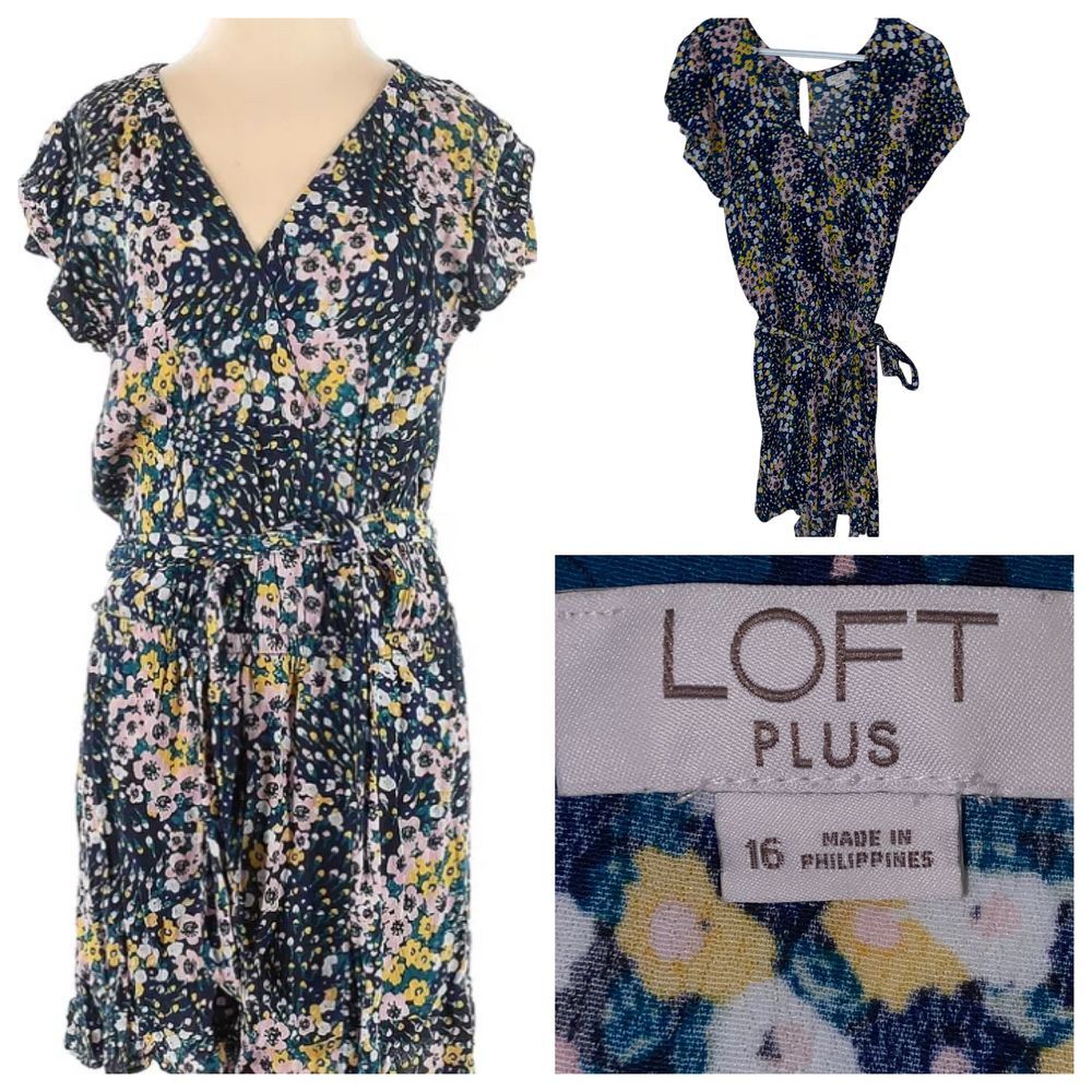 LOFT Plus Floral Flutter Sleeve Romper Jumpsuit With‎ Belt and Pockets Size 16